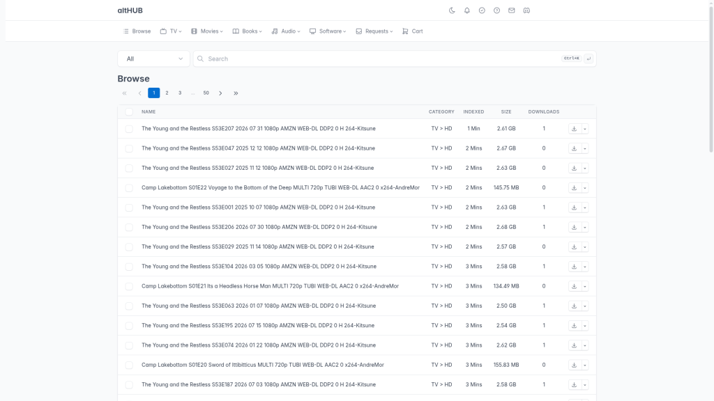 altHUB Browse-pagina met onlangs geïndexeerde releases met categorie, indexeringsleeftijd, grootte en aantal downloads