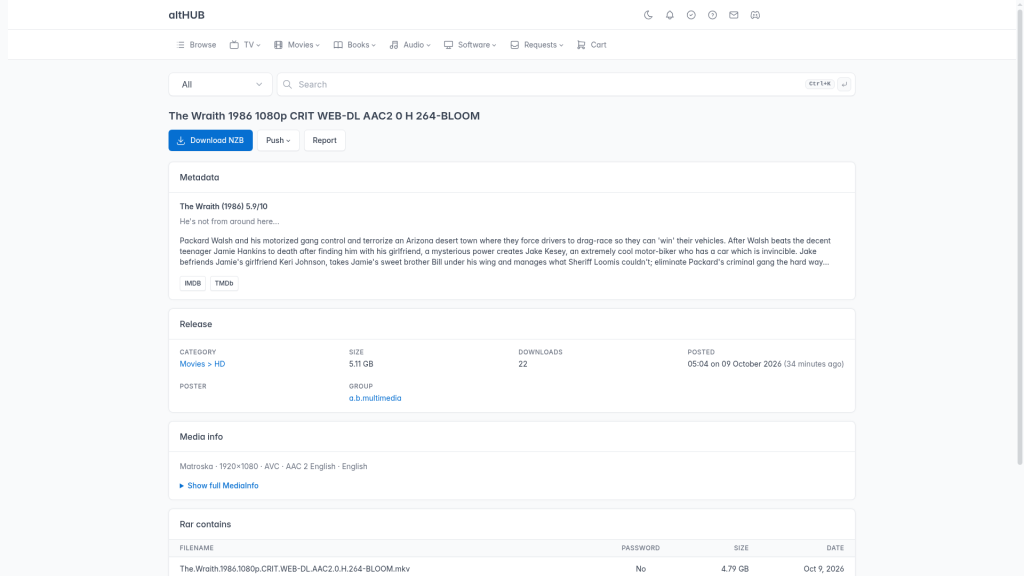 altHUB release details pagina met Download NZB en Push knoppen, filmmetadata en release-informatie
