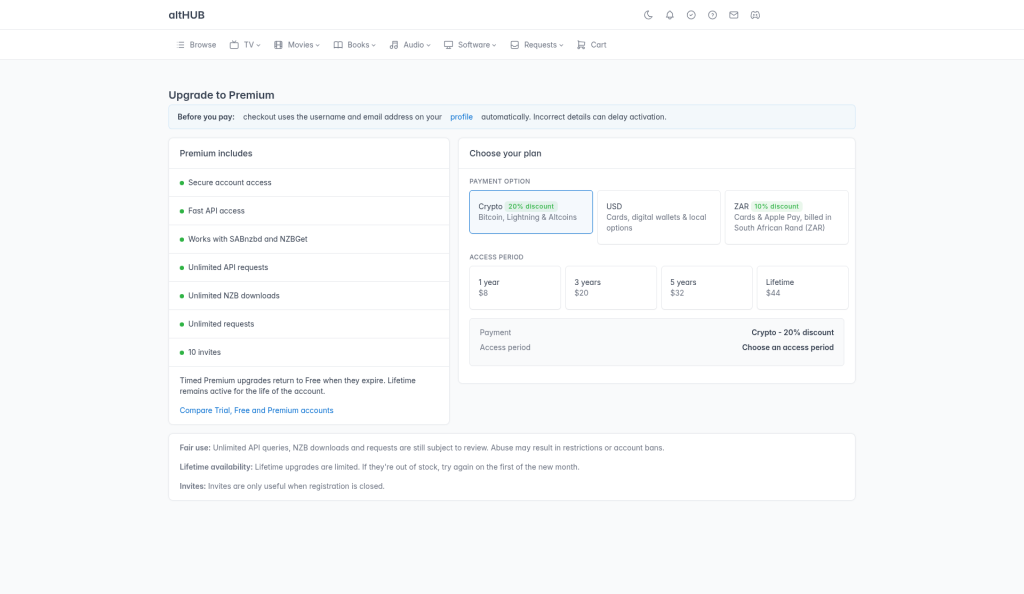 altHUB Upgrade naar Premium pagina die crypto, USD en ZAR betaalopties toont en de toegangstermijnen van 1 jaar, 3 jaar, 5 jaar en Lifetime